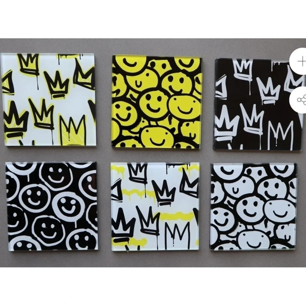 Faded Lines GRAFFITI Glass Coaster Bar Set Each Different Designs New Sealed